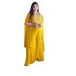 KHODAL WORLD Women's Hevy Fox Georgette Heavy embroidery Lace Work Semi-stitched Lengha set (Yellow, XL)