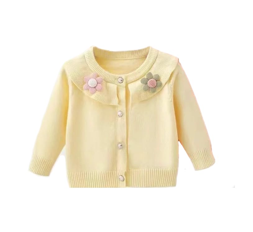 Bold N Elegant Baby Girl Knitted Fur Wool Warm Full Sleeve Flower Sweater Cardigan Winter Party Sweater for Kids (1-2 Years, Yellow)