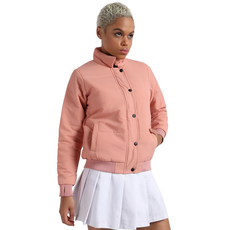 Campus Sutra Women's Pink Puffer Jacket With Ribbed Hem For Casual Wear | High Neck Long Sleeve | Button Closure | Polyester Jacket Crafted With Comfort Fit For Everyday Wear (Size-S)