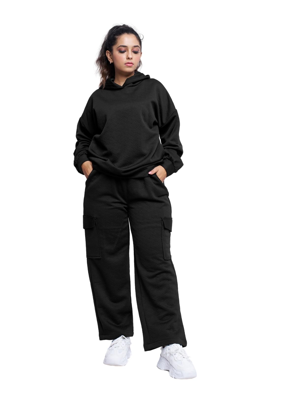 GRECIILOOKS Cotton Regular Woolen Co Ord Hoodie Set for Women Winter Wear | Full Sleeve (GL-W2067&TR1035_Black