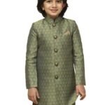 KISAH Kids Sherwani Cotton Blend Woven Design Indo-Western Sherwani for Kids, Green, 7-8 Years