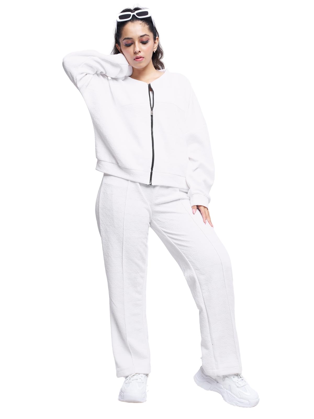 GRECIILOOKS Cotton Regular Woolen Co Ord Hoodie Set for Women Winter Wear | Full Sleeve (GL-W2070&TR1038_White