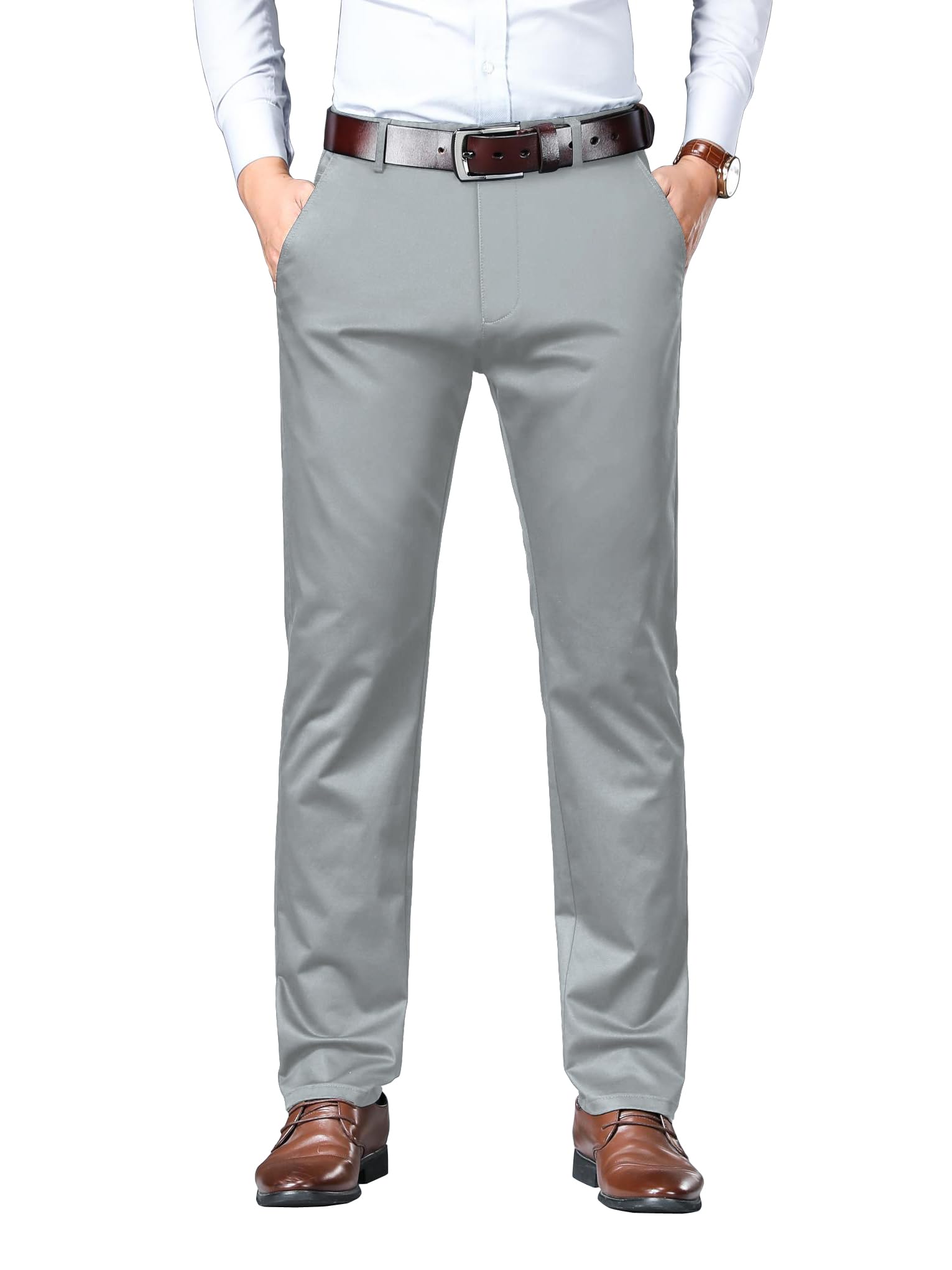 AVANOVA Men's Solid Grey Trousers Light Business Style Slightly Stretch Straight Leg Pants for Outdoor Casual Daily Trouser II Men's Regular Casual Pants Trouser (Trouser 126 Grey-34)