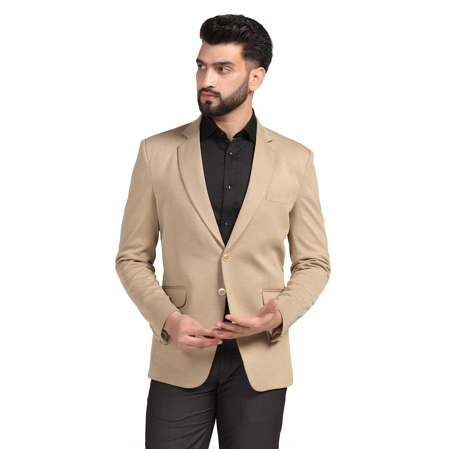 TAHVO Men Blazer Lycra Fabric Blend Slim Fit Single Breasted Blazer Color Beige Size 40
