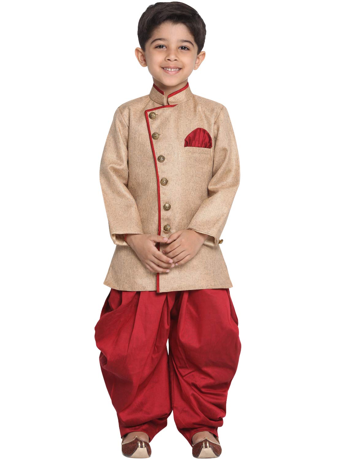 JBN Creation Boys' Biscuit and Maroon Cotton Blend Sherwani and Dhoti Pant Set_JBNBCIW124nCDMA_20
