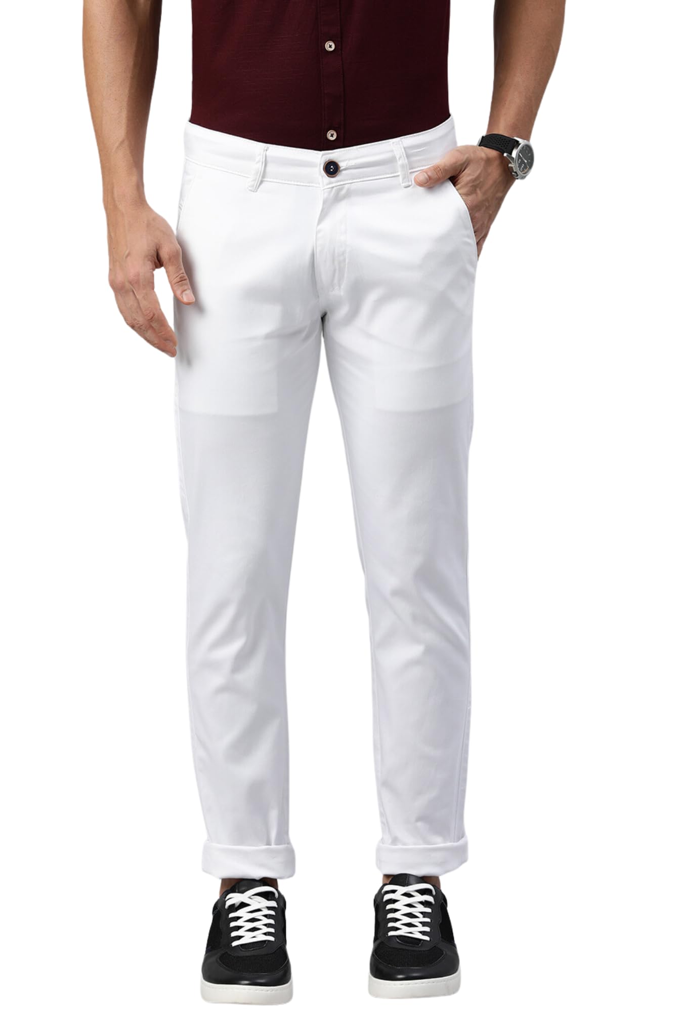 Majestic Man Slim Fit Cotton Blend Casual Mid Rise Trousers for Men (32, Milky White)