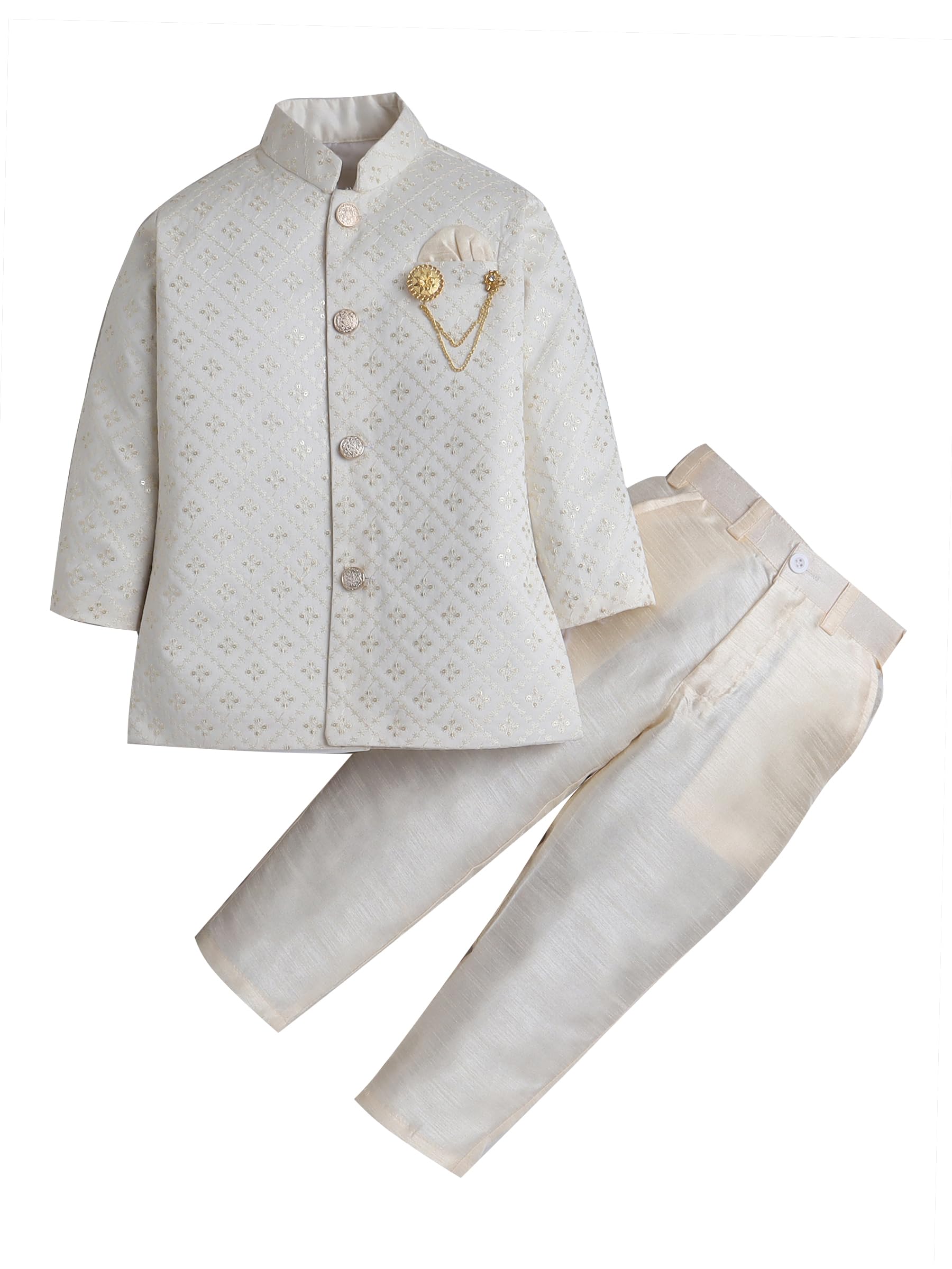 AHHAAAA Boy's Cotton 2 Piece Indo-Western Set/Kids Ethnic Wear Jaquard Sherwani, Indian wear - Ideal for any Festivals and Cultural Occasion|Beige, 5-6 Years|