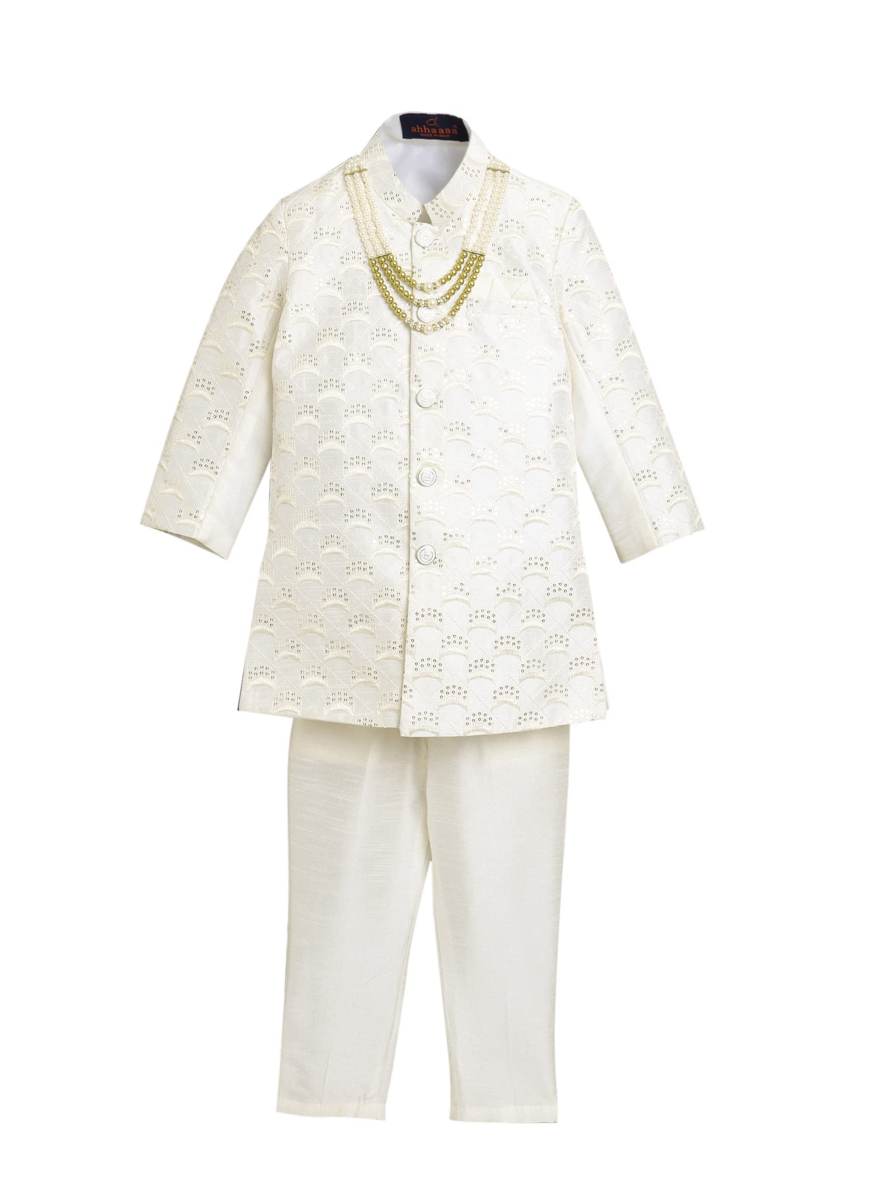 AHHAAAA Kids Ethnic Cotton Silk Blend Sequin Print Indo-Western Sherwani Set for Boys (Cream, 9-10 Yrs) 496MF