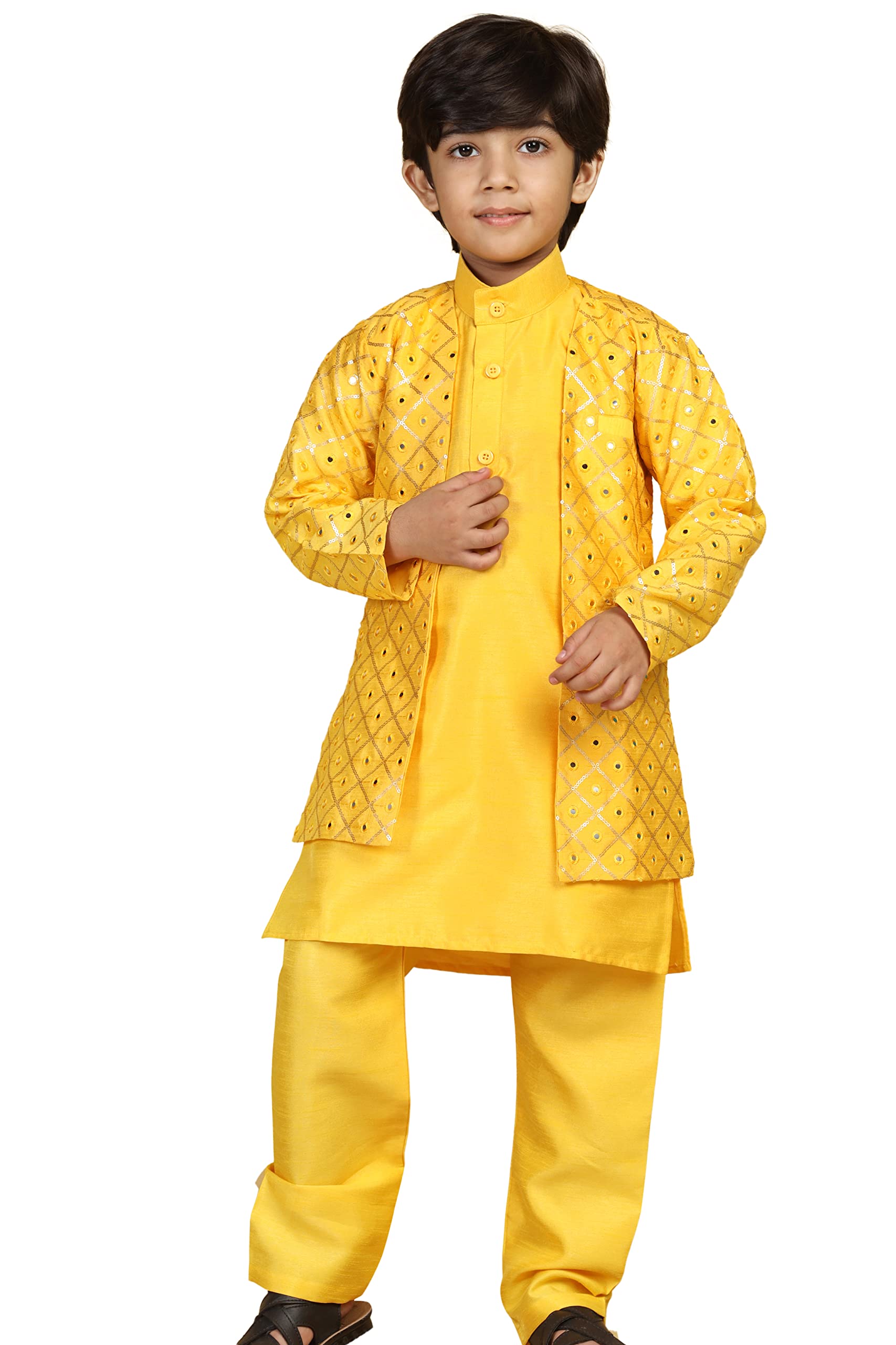 AJ DEZINES Kids Embroidered Mukaish Indo Western Sherwani For Boys (7049-MUSTARD-2)