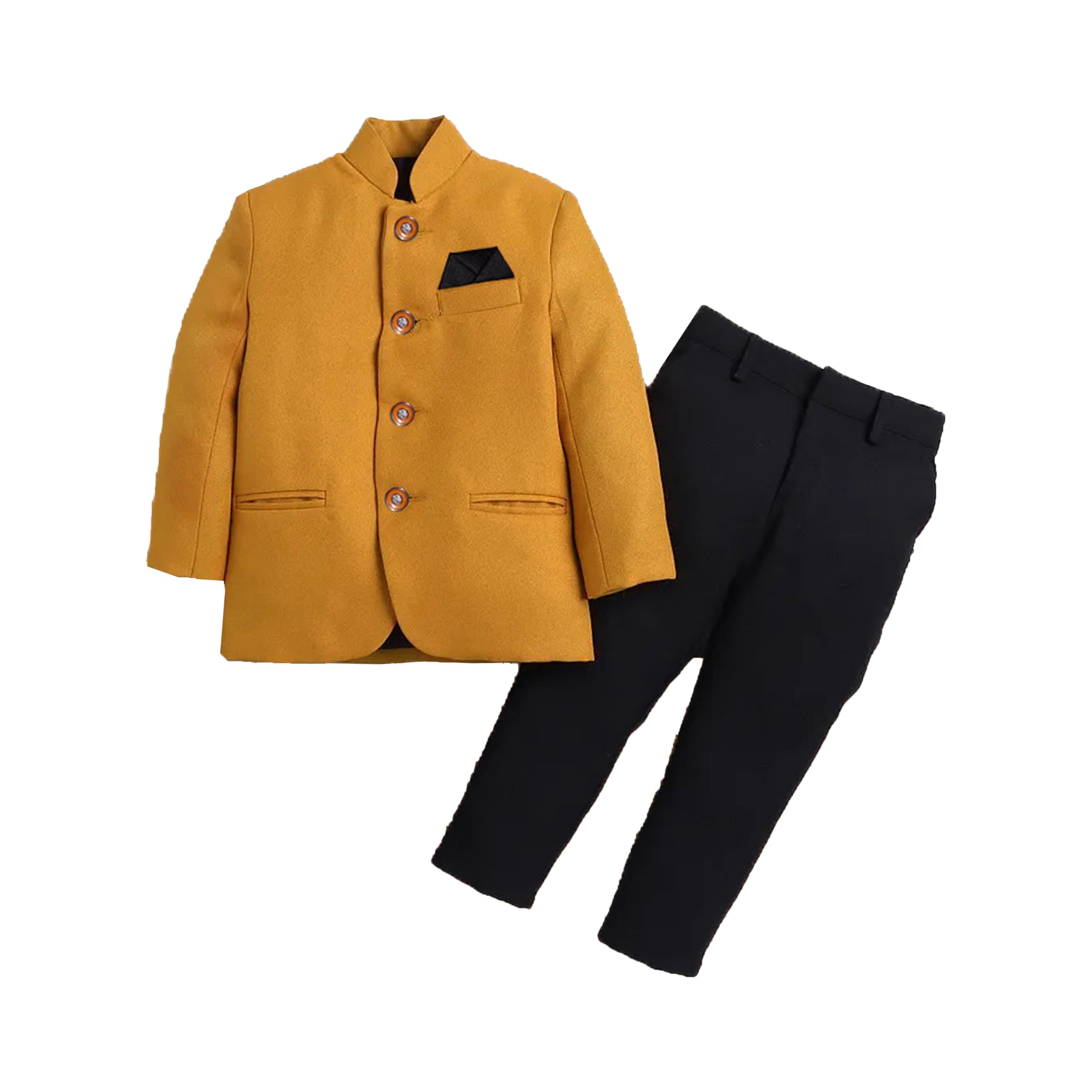 Kuwarshah kids royal look contrast mustard yellow jodhpuri with black trouser pant sherwani indo western set for boys