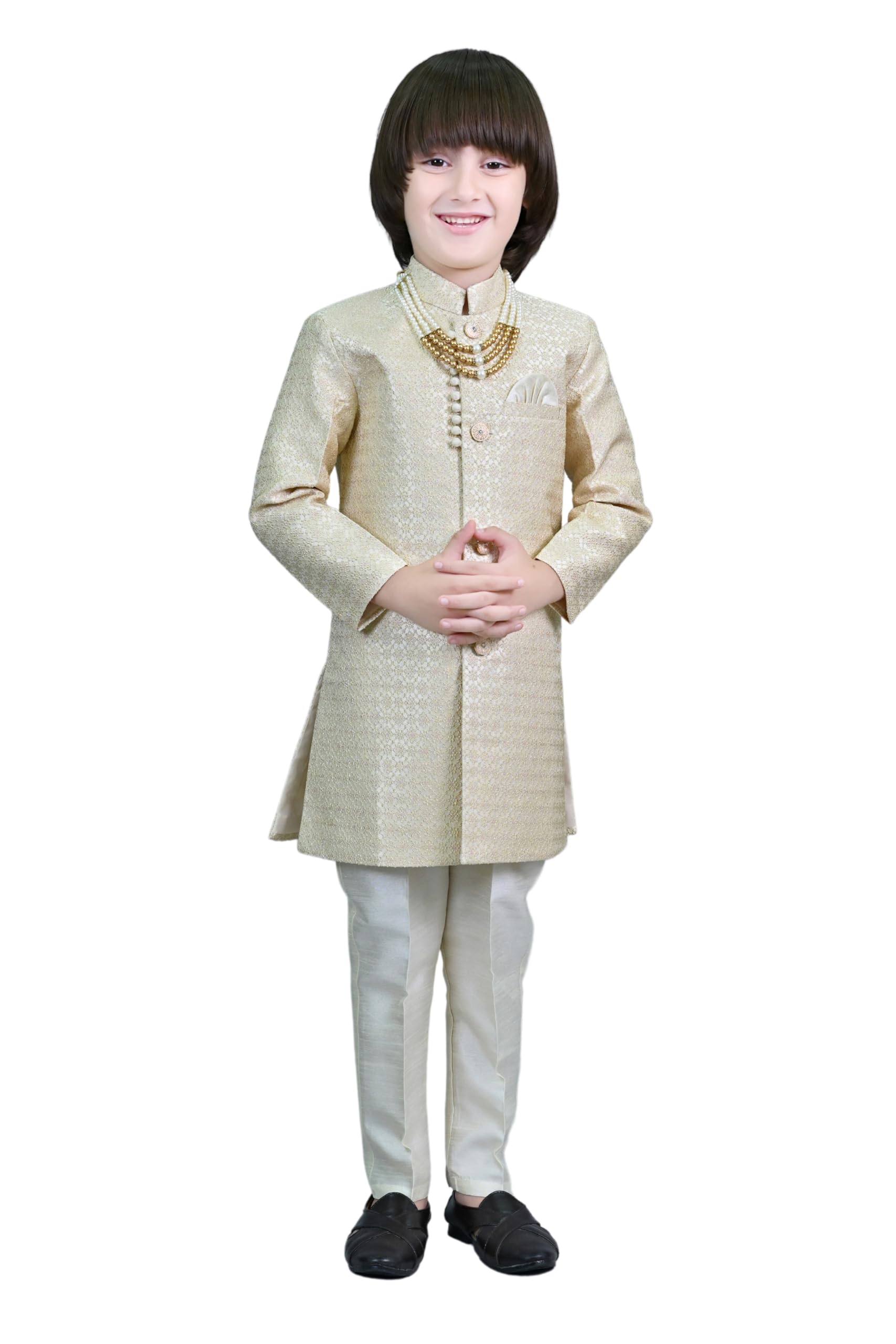 AHHAAAA Kids Ethnic Silk Embroidered Hand-Work Indo-Western Sherwani Set for Boys|Gold 7-8 Years|