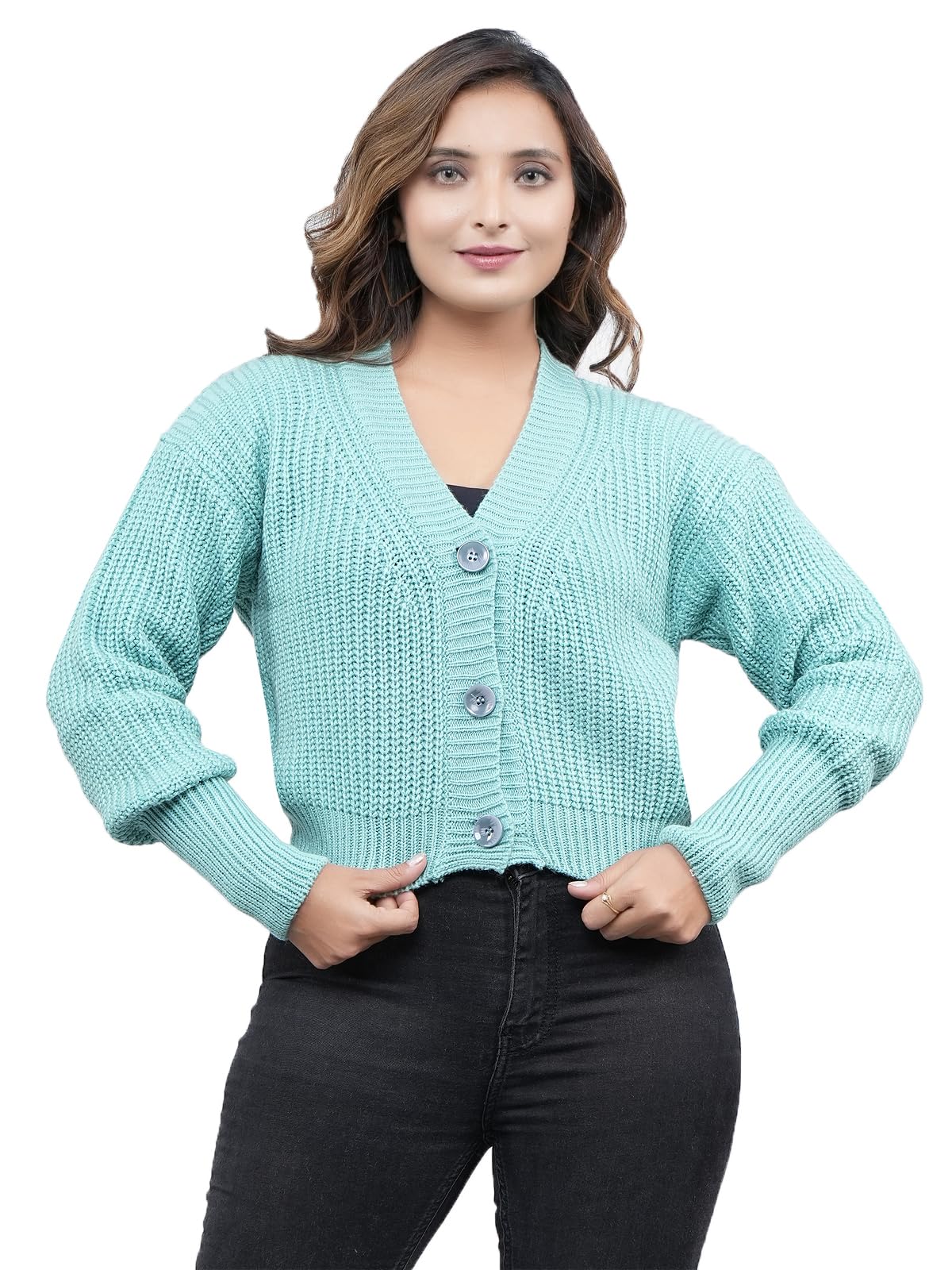 FEVERFEW Stylish Knitted Sweater - V Neck, Green