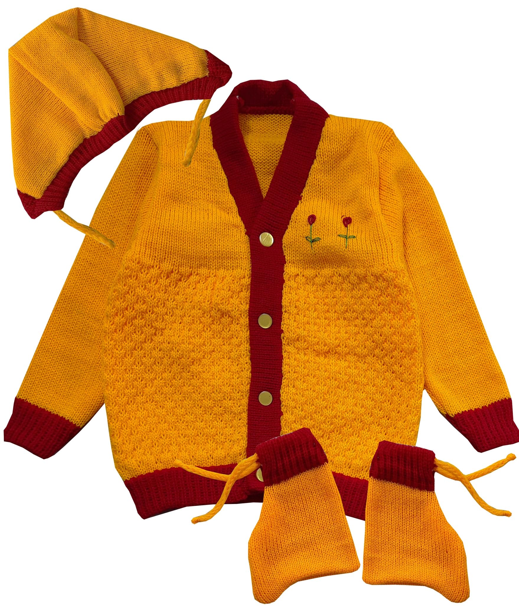 little PANDA Baby Boys & Baby Girls Woollen Round Neck Sweater Top, Cap & Booties Set (6-9 Months, Yellow)