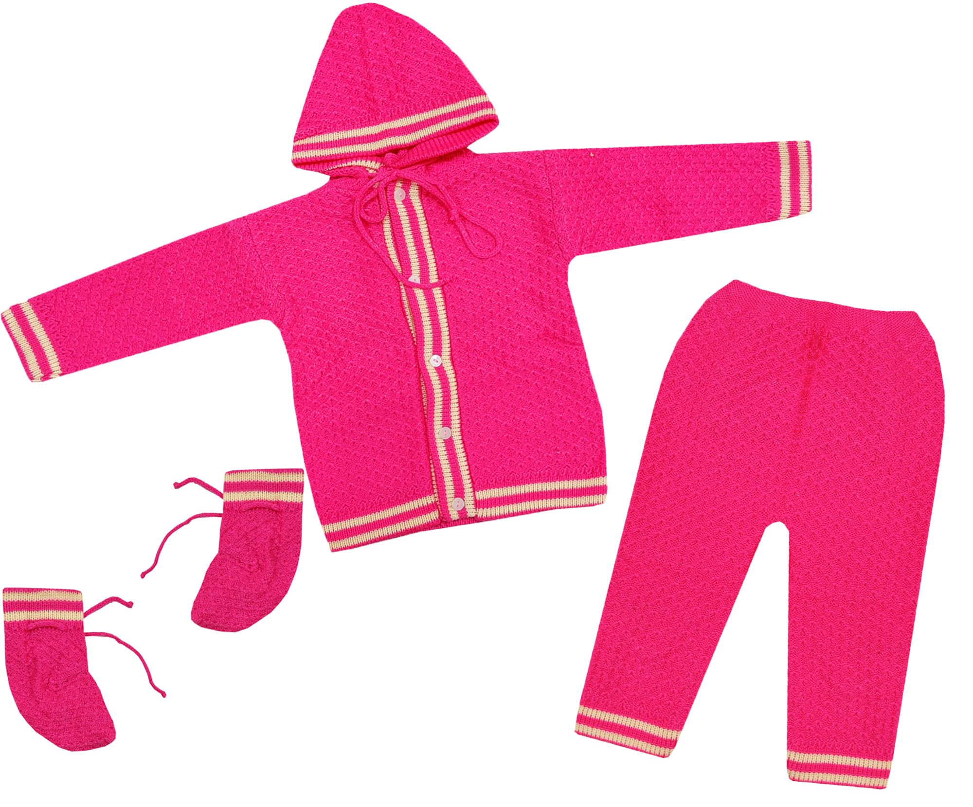 SELVEL Unisex Baby Woolen Hooded Sweater Set | Baby Boys Baby Girls Full Sleeves Hooded Sweater, Pant and a Pair of Booties Combo (SWTR-HDY-2112) (0-3 Months, Rani)