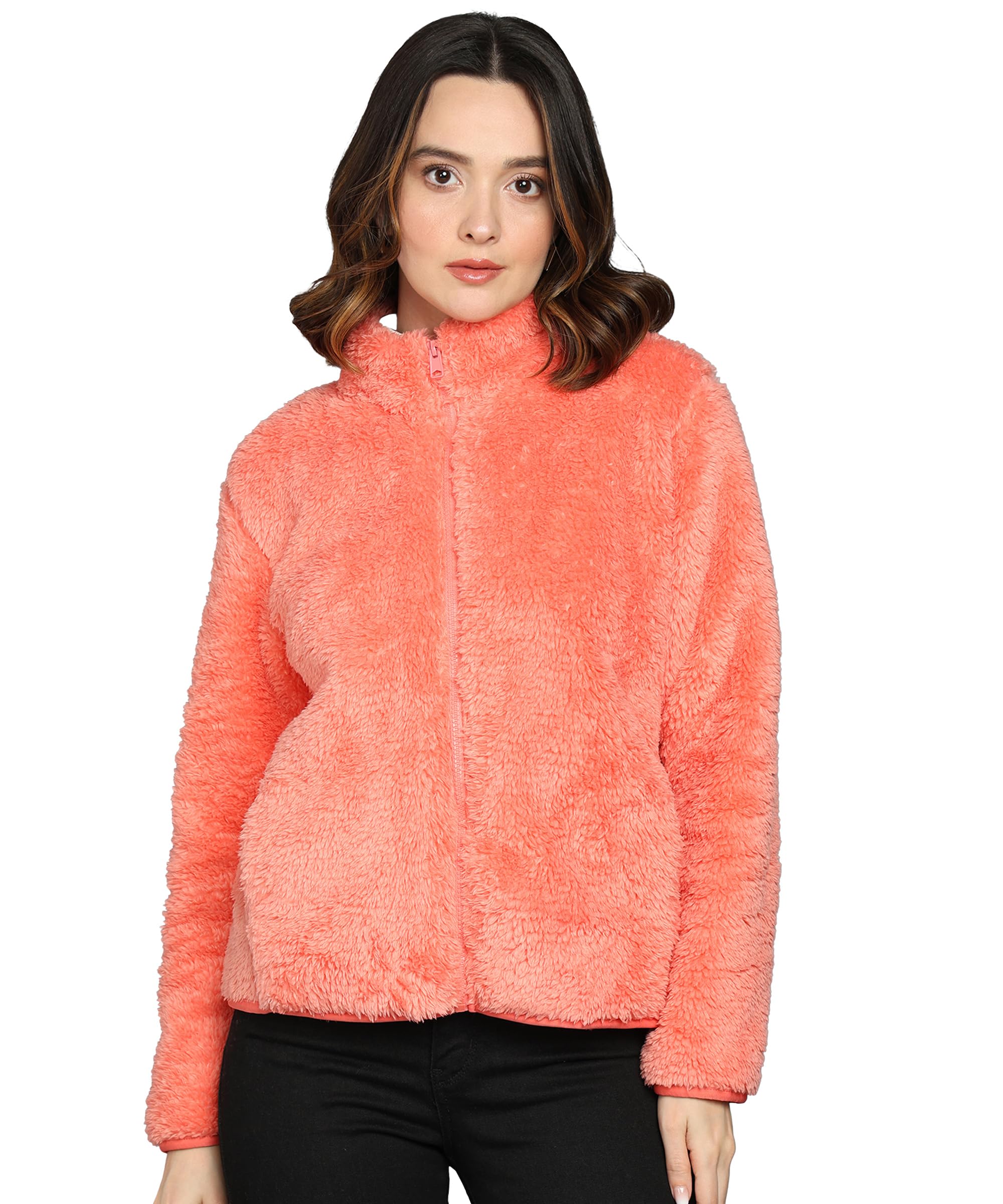 Alan Jones Clothing Women Fluffy Yarn Fleece Full-Zip Jacket (Pink, Standard Length, M)