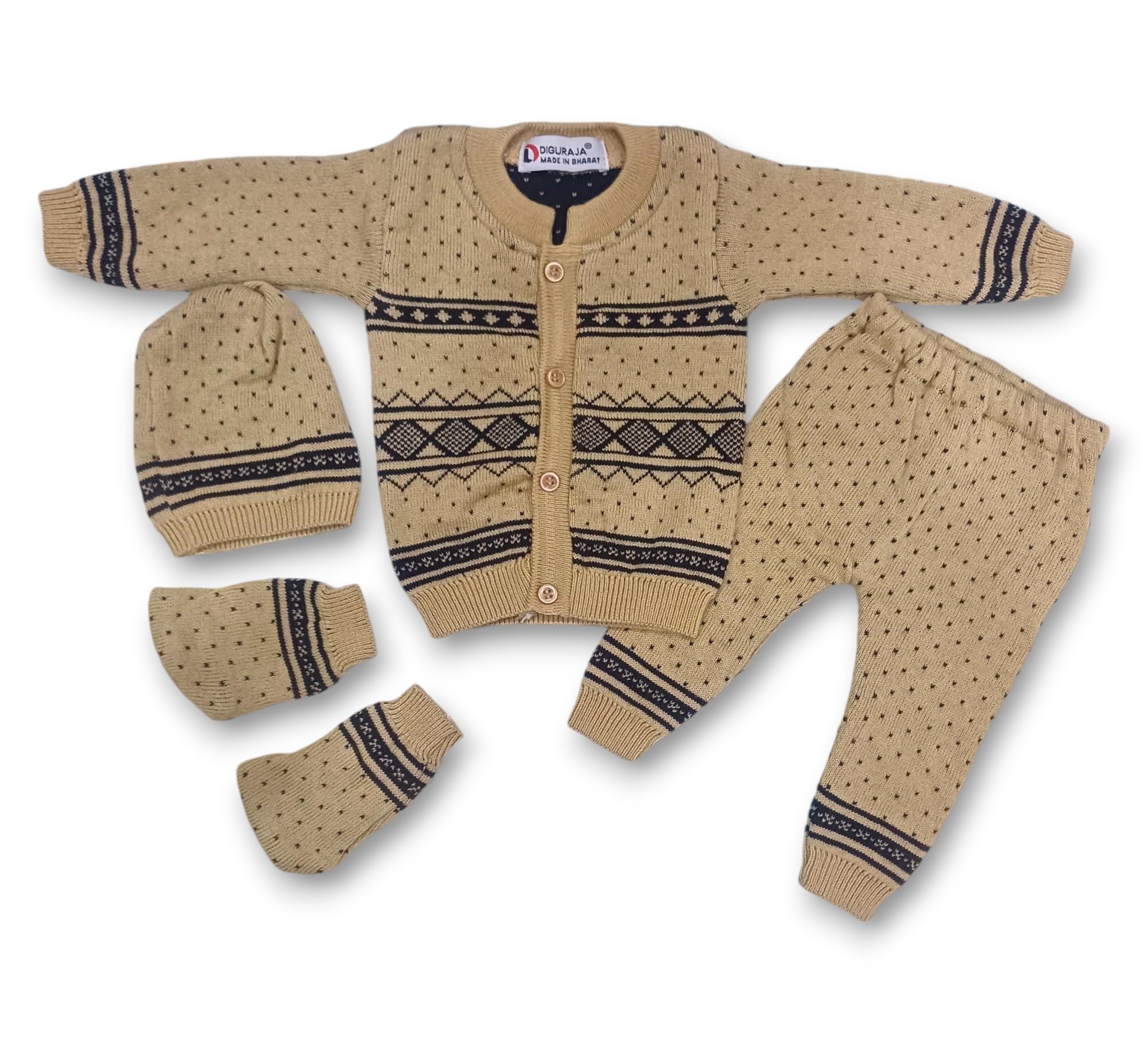 Wool Unisex Polka Dot Sweater Set for Kids with Cardigan, Pants, Hat and Mittens (in, Age, 0 Months, 3 Months, Regular, Skin), Collared Neck