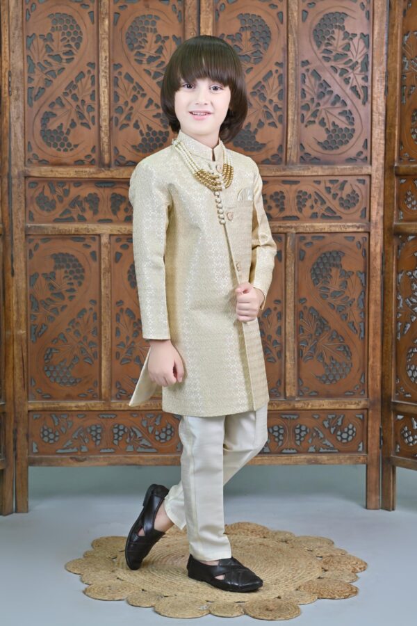 AHHAAAA Kids Ethnic Silk Embroidered Hand-Work Indo-Western Sherwani Set for Boys|Gold 7-8 Years| - Image 6