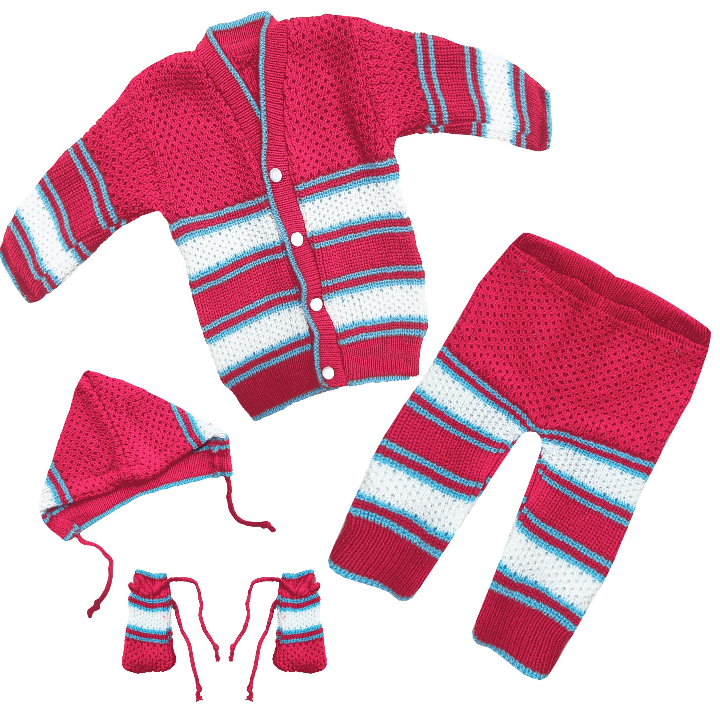 SELVEL Unisex Born Baby Sweater Combo Set | Baby Boys and Girls Woolen Knitted Sweater set with V-Neck Sweater, Cap, Pant and Booties (0-3 Months) (0-3 Month, Rani)