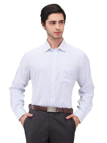 Park Avenue Men Regular Fit Stripe Pattern Pure Cotton Semi Cutaway Collar Full Sleeve Formal Shirt (Size: 46)-PMSK18502-B2 Light Blue