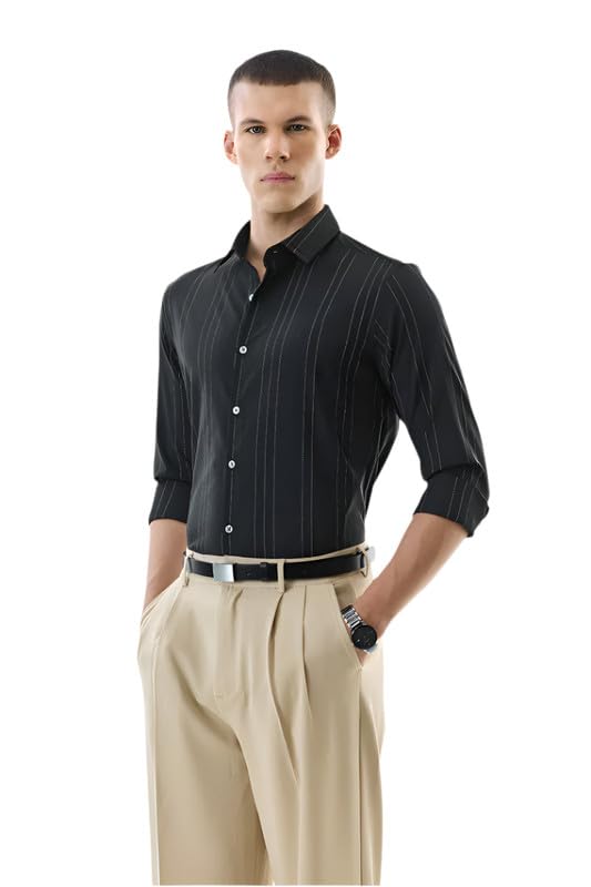 SNITCH Men Formal Luxe Shirt | Slim Fit Full Sleeve Spread Collar Pinstripe Design | Premium Polyester Blend & Breathable Fabric for Office Black