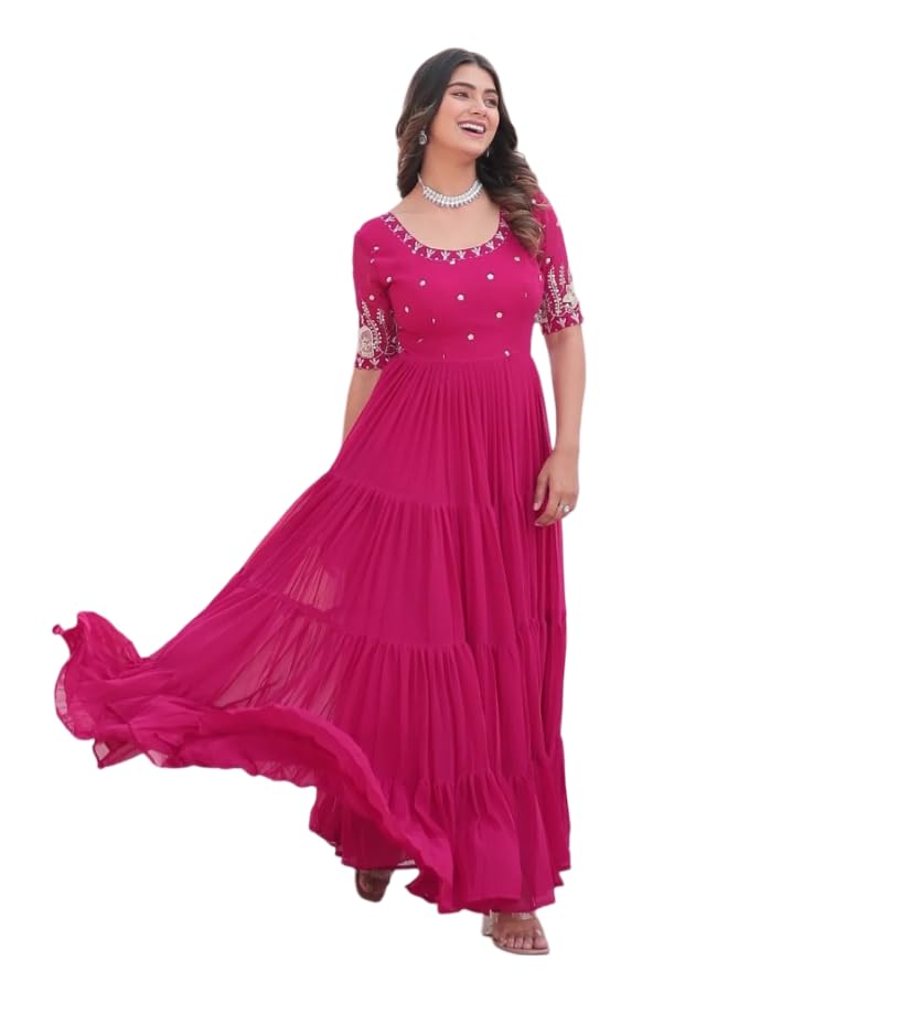FOXDX Womens Faux Georgette Sequence Embroidered Ankle Length Anarkali Gown (in, Alpha, L, Regular, Pink)
