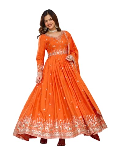 M/S PREM CRAFTS Women's American Silk Sequence Embroidery Long Anarkali Kurti (Gown) with Dupatta (Orange-XXL)