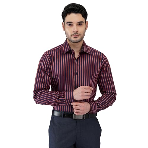 Raymond Men Slim Fit Stripe Pattern Pure Cotton Semi Cutaway Collar Full Sleeve Formal Shirt (Size: 39) RMSU13070-E5 Medium Orange