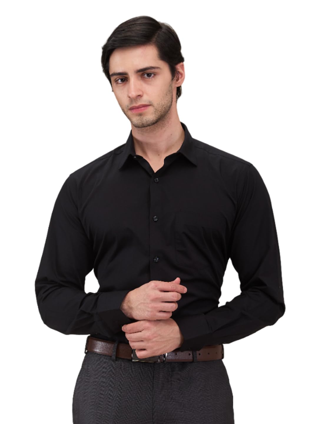 Park Avenue Men Slim Fit Solid Pattern Pure Cotton Ainsley Collar Full Sleeve Formal Shirt (Size: 39)-PMSX18396-K9 Black