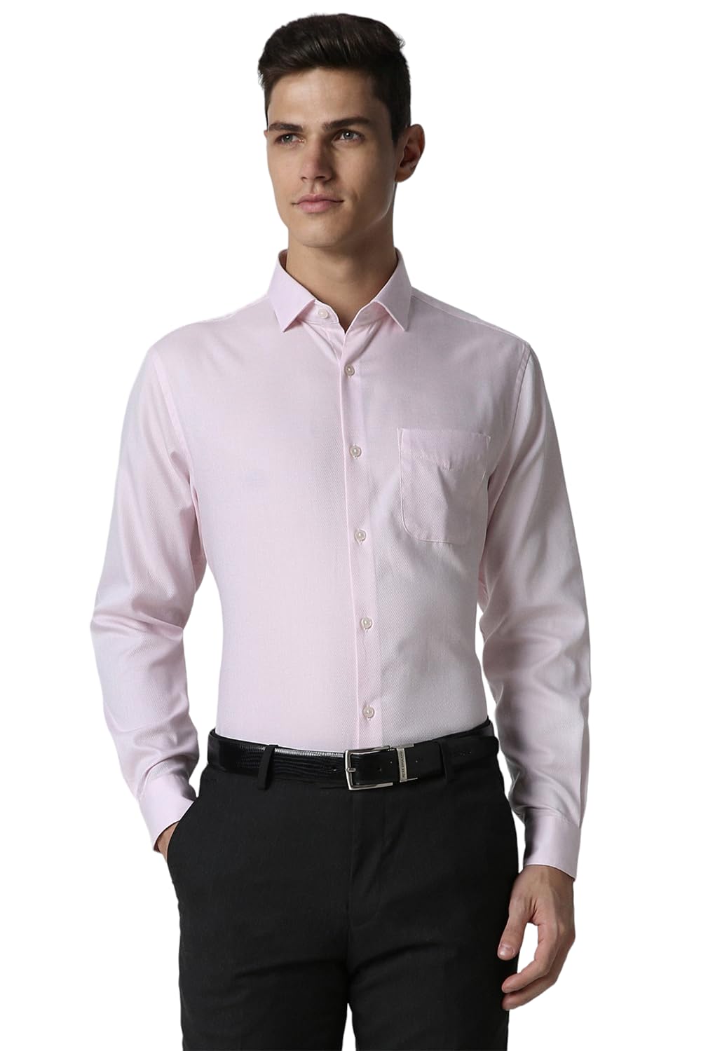 Peter England Men's Solid Textured Slim Fit Premium 100% Cotton Formal Shirt Premium Twill Weave with 2-Ply Cotton Salmon Pink