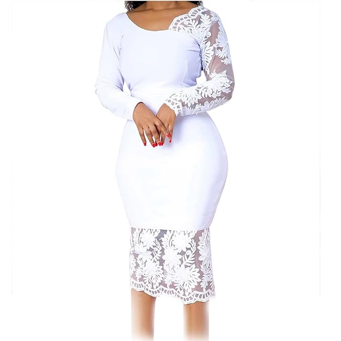 Cololura Women Elegant Floral Lace Patchwork Long Sleeve Evening Gown Party Cocktail Bodycon Dress