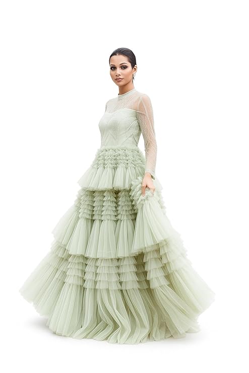 Luxury Pastel Green Layered Tulle Gown, Long Sleeves with Pearl and Cutdana Work, Designer Reception Wedding