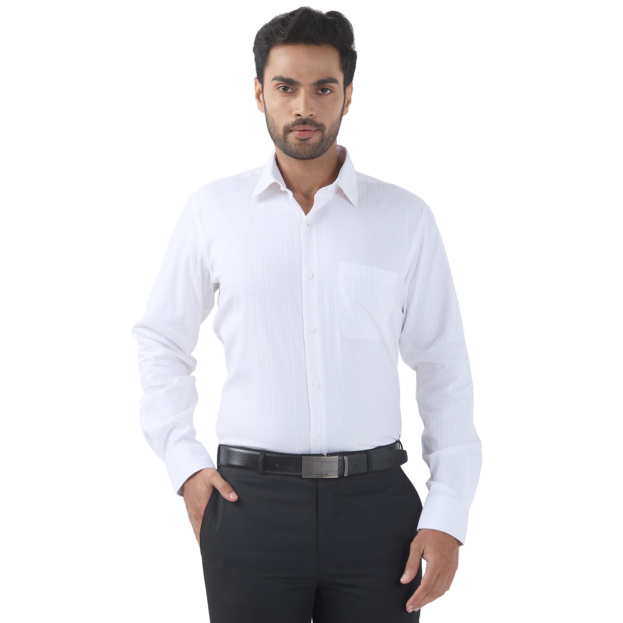 Raymond Men Contemporary Fit Stripe Pattern Pure Cotton Semi Cutaway Collar Full Sleeve Formal Shirt