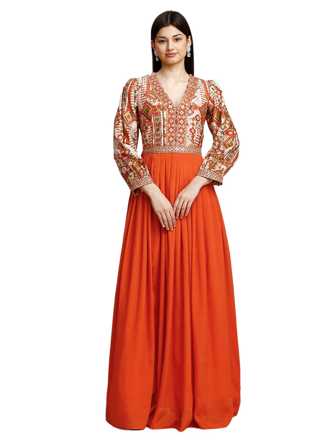 madhuram textiles Womens' Chinon Embroidery Work Long Gown(M-2481 Orange_Medium)