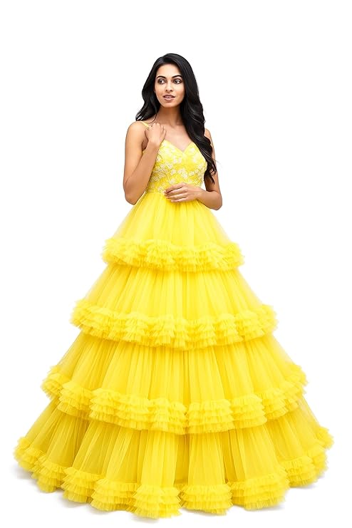 Roy Creation Yellow Tiered Evening Dress | Hand Embroidered Silk Bodice with Sequins & Cutdana | Net Layered Flare | Designer Indo Western Outfit | at-tude Design