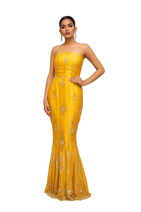 Roy Creation Women's Yellow Strapless Mermaid Gown | Hand Embroidered Silk Organza Party Dress | Boned Corset Fit | Designer Wedding, Cocktail XS to XXL | at-tude Design