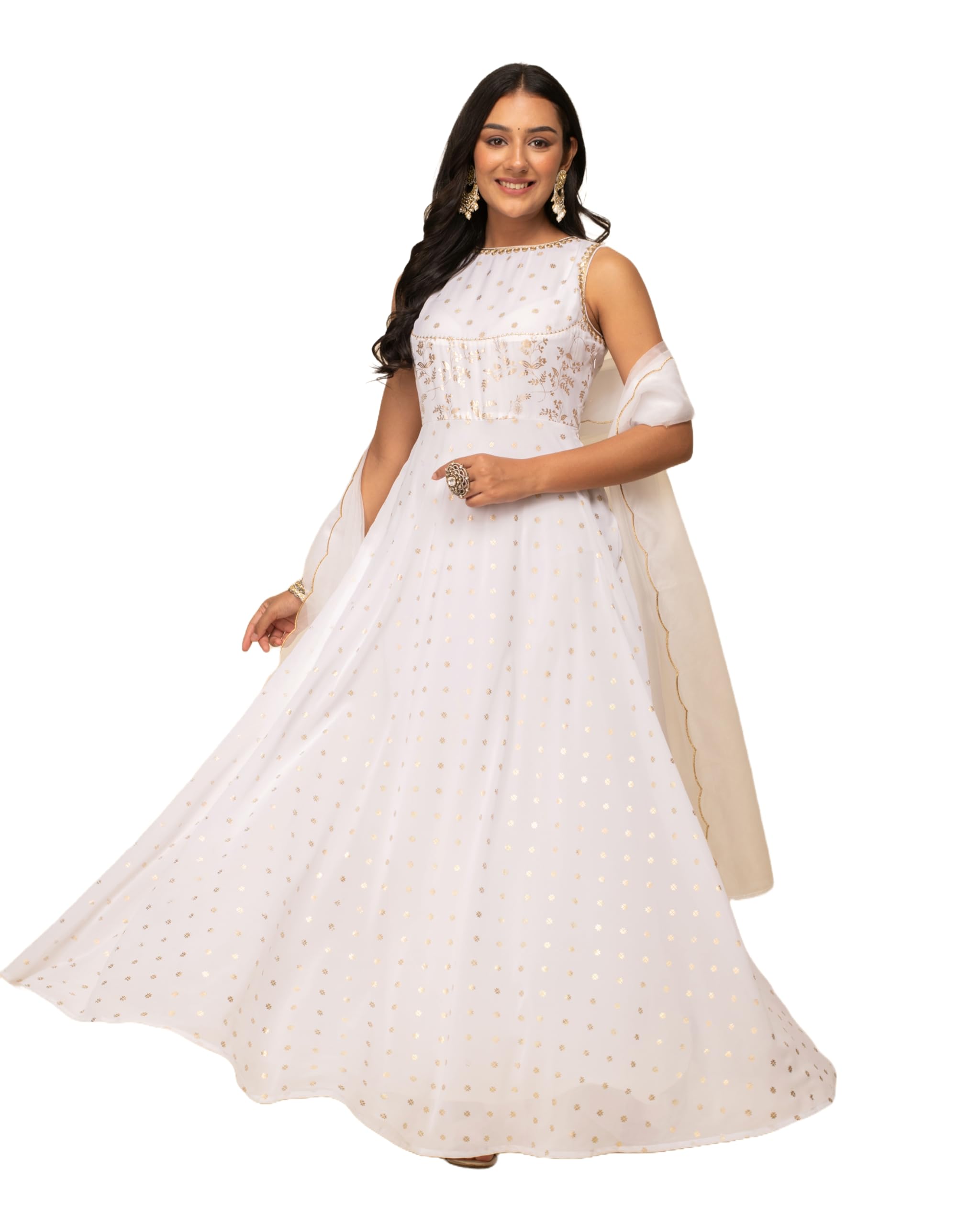 FIORRA Women's White Georgette Printed Gown with Dupatta SET0126