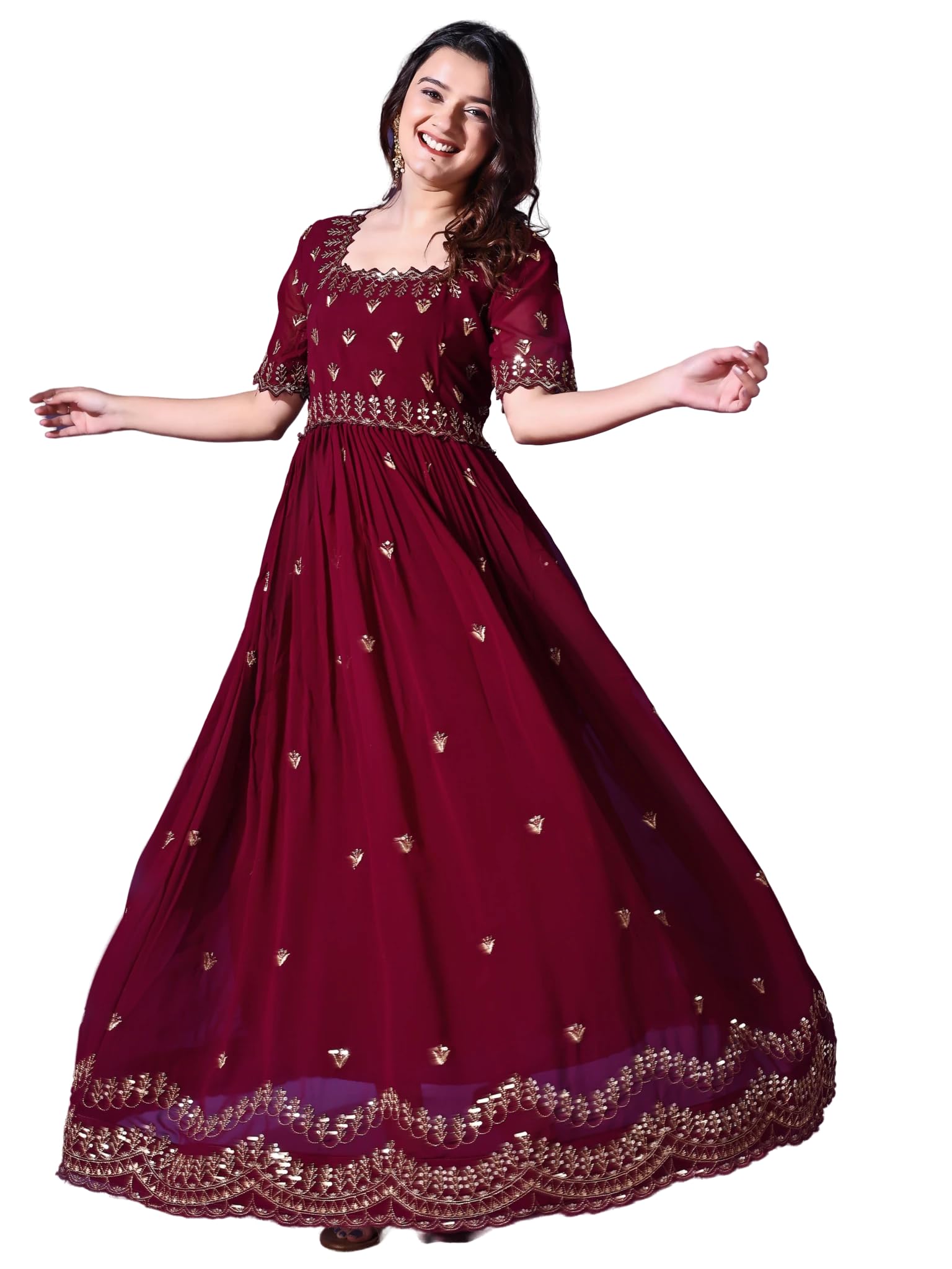 Fashion Basket Georgette Embroidered Long Gown for Women Maroon