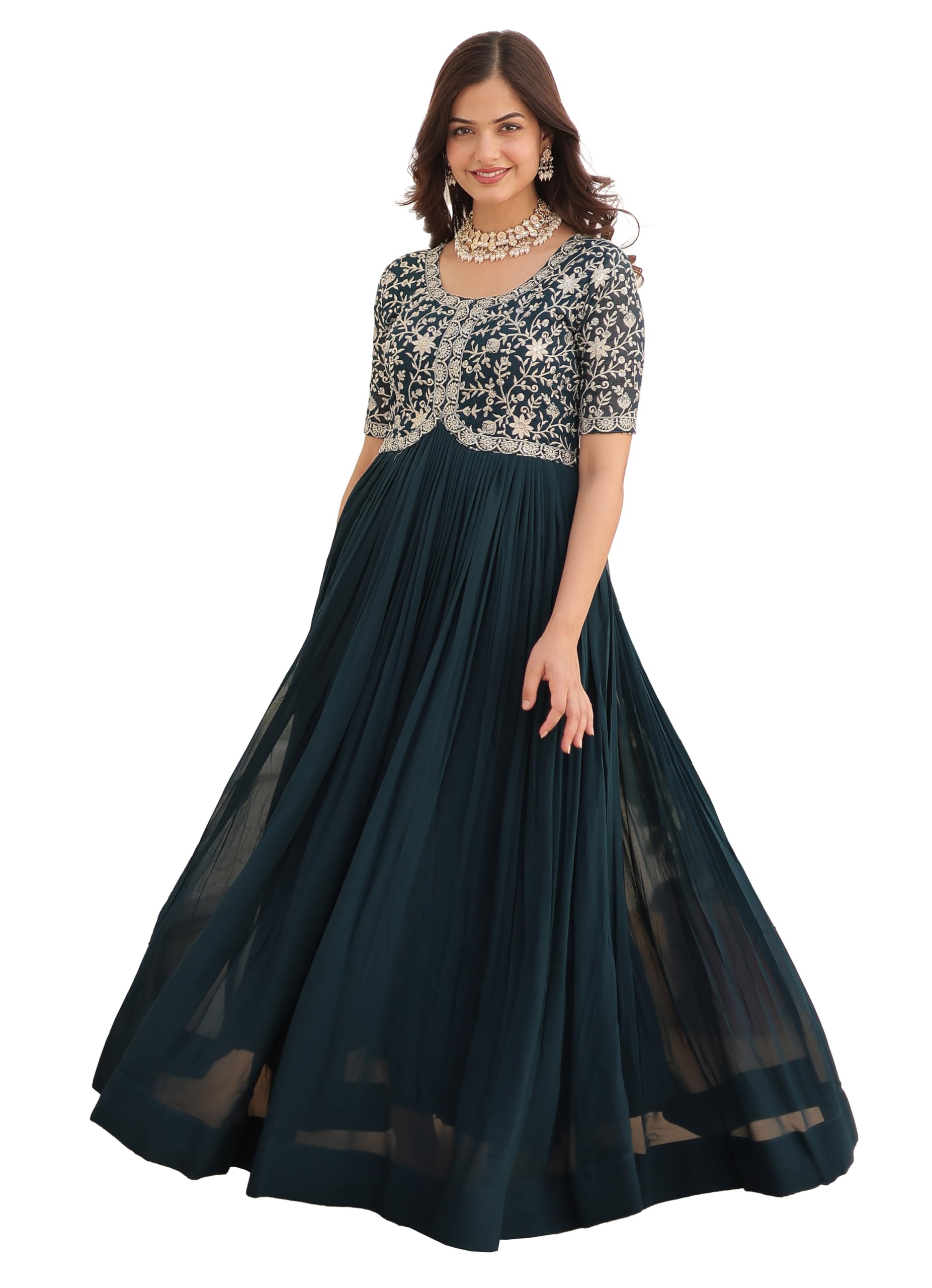 Wedani Georgette Anarkali Gown with Embroidered Top for Women (in, Alpha, XL, Regular, Turquoise)
