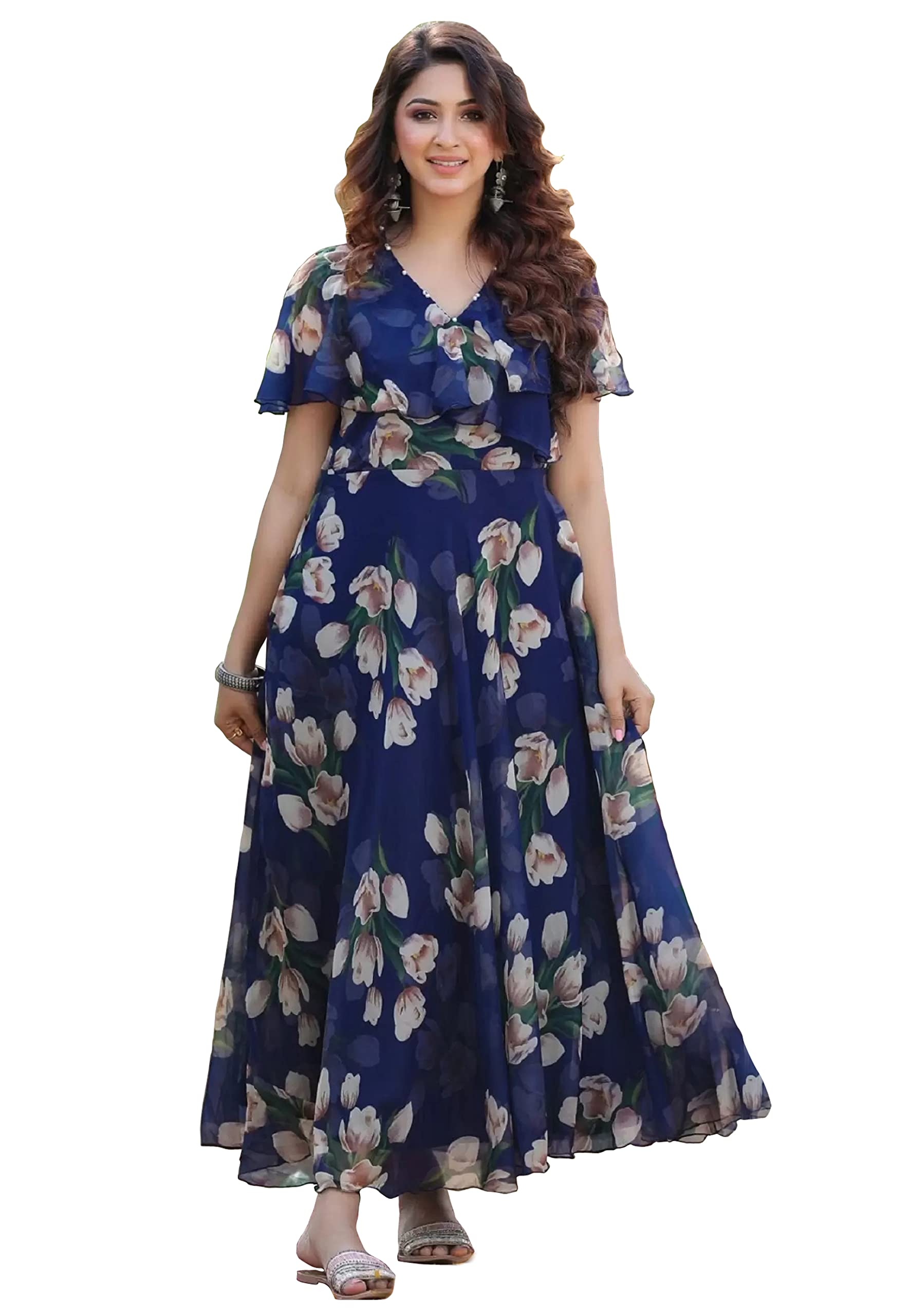Shasmi Women's Georgette Digital Floral Printed Gown Dress for Women (Gown Dress 35) (X-Large, N Blue)