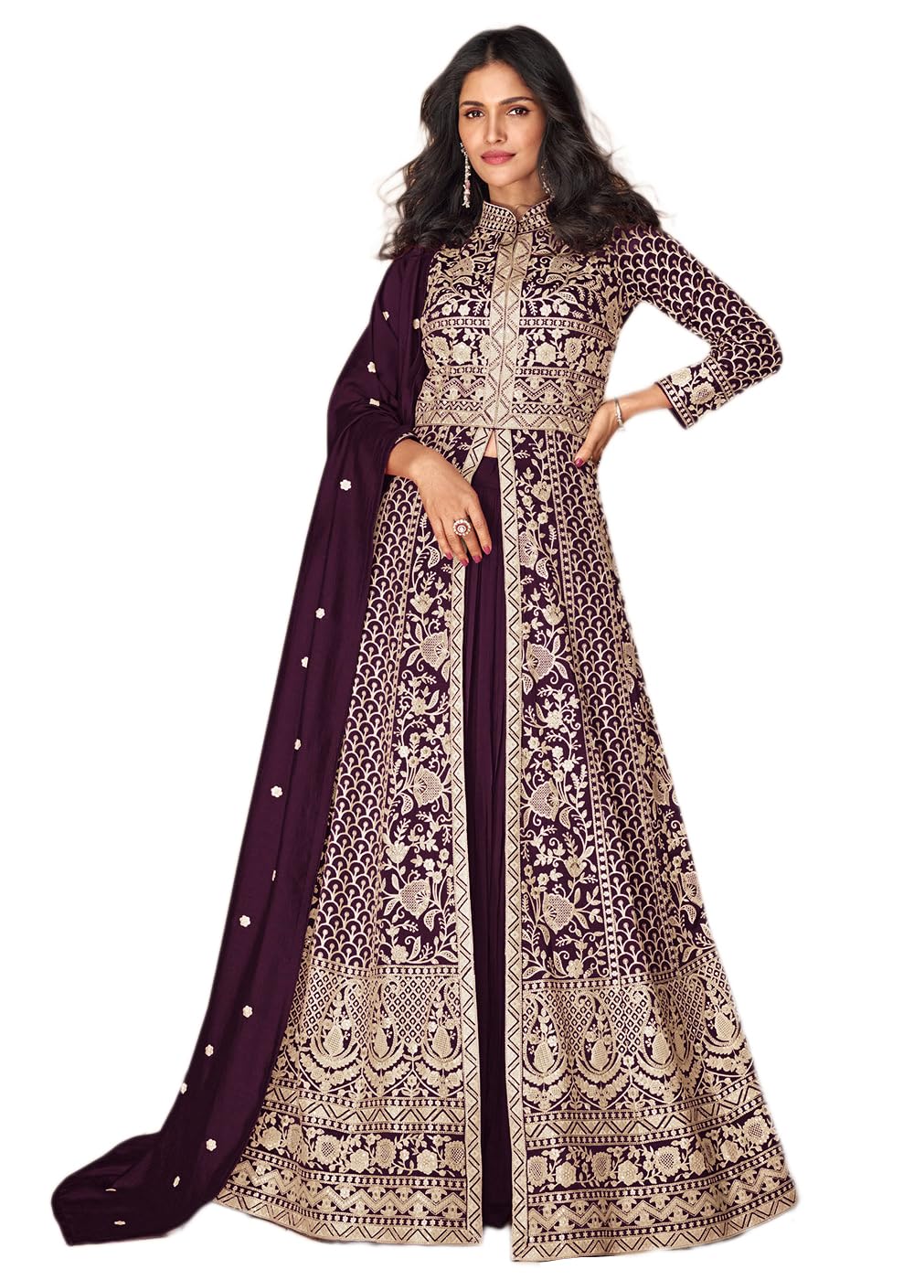 Miss Ethnik Women's Purple Vichitra Silk Stitched Top With Stitched Vichitra Silk Bottom and Vichitra silk Dupatta Full Sleeve Embroidered Anarkali Gown (ME-1165-Purple-XXL)