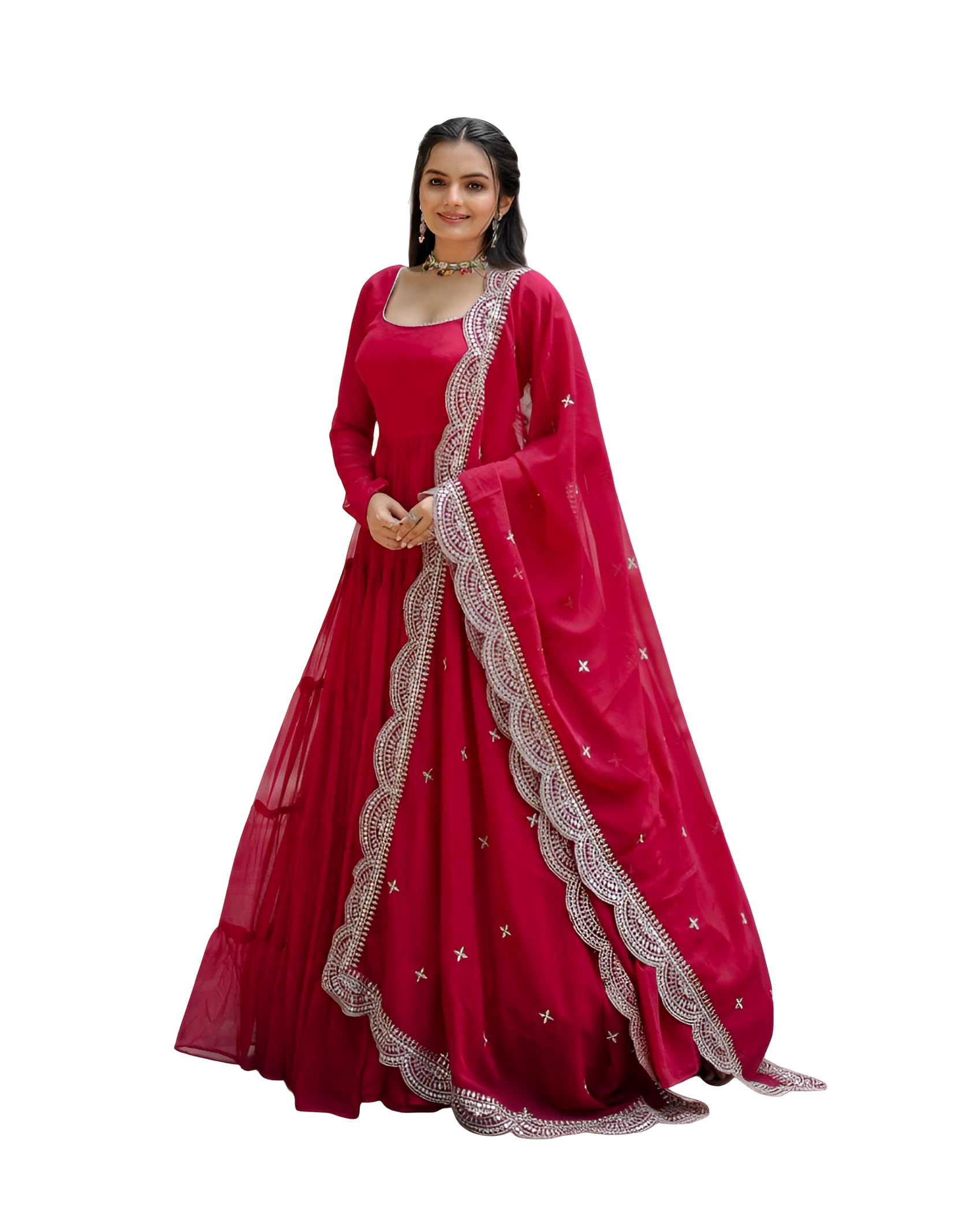 BHARVITA Women's Tiered Georgette Sequins Embroidered Work Anarkali Gown (in, Alpha, L, Regular, Pink)