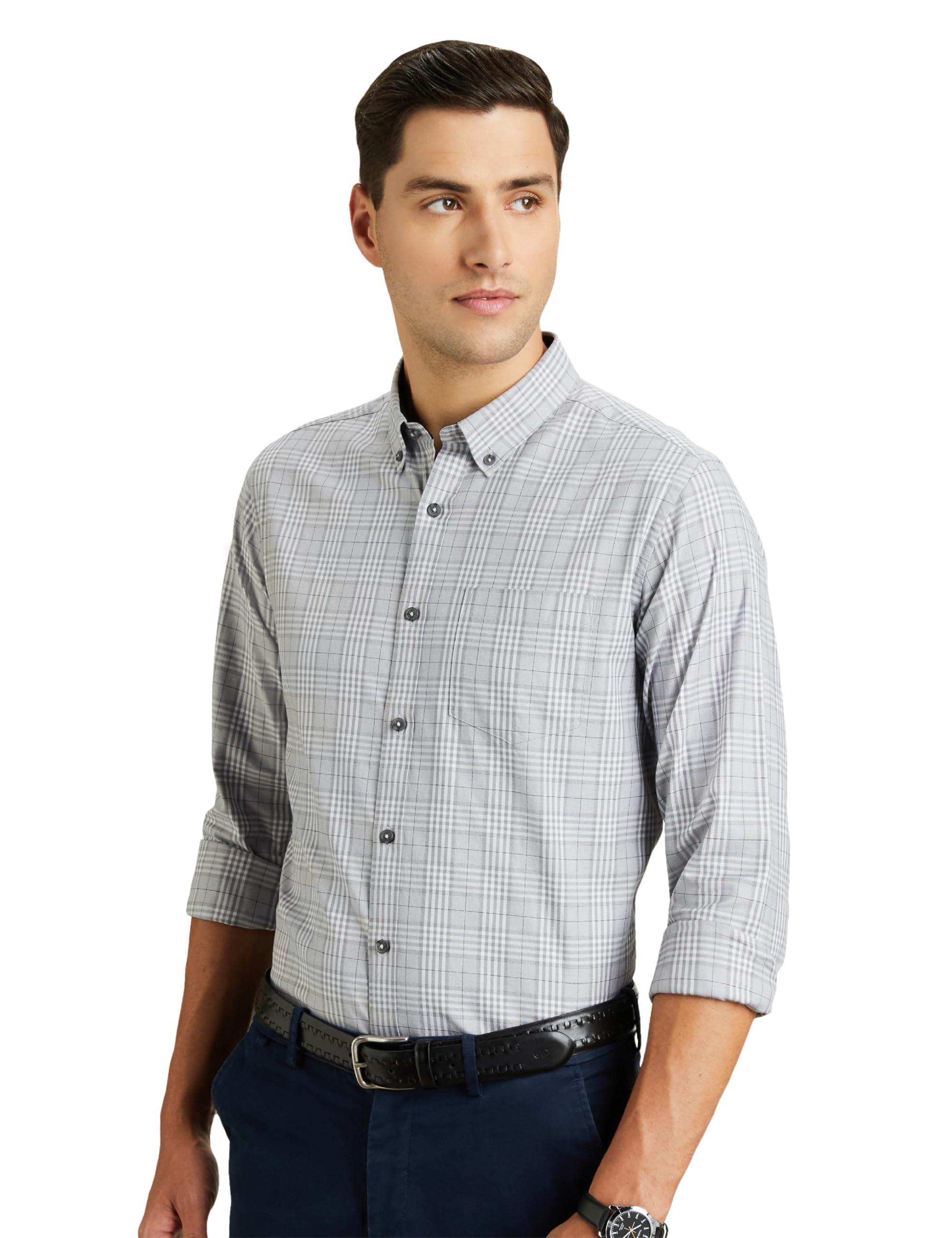 Symbol Premium Men's Stylish Checkered Buttondown Casual Shirt - Regular Fit | Plain | Full Sleeve | Cotton Semi Formal Wear (Available in Plus Size) (Mid Grey_S)