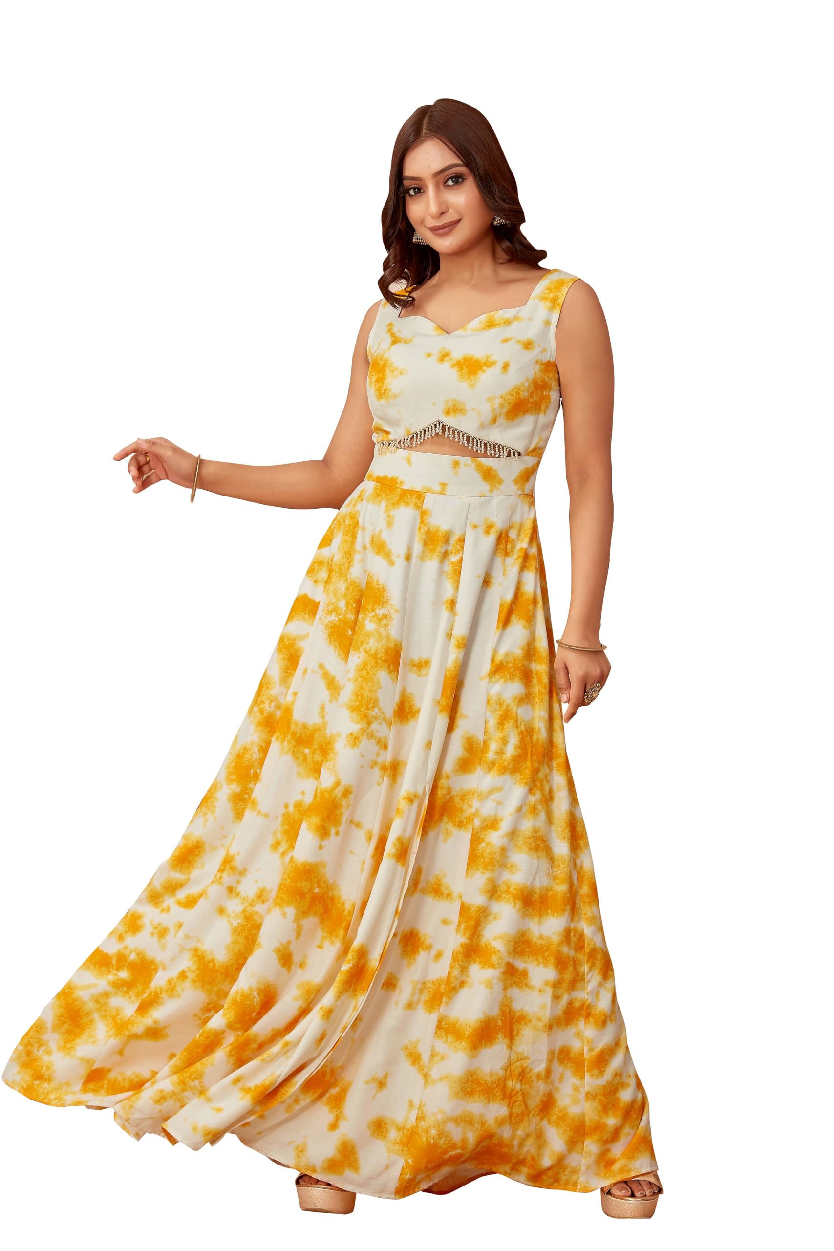 ODD BY chansi TRENDZ Women's Flared Gown Sweatheart Neck All Over Print Sleeveless Maxi Length-L Yellow