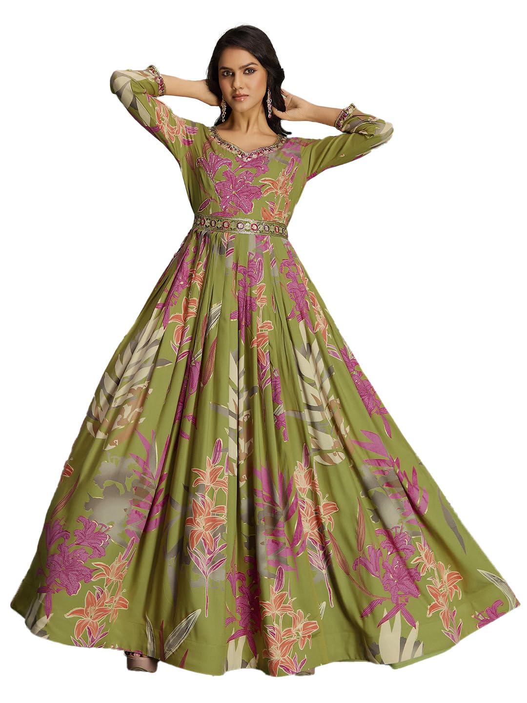 madhuram textiles Women's Rayon Print with Hand Embroidery Work Anarkali Long Gown(M-2543 Mehndi(Green)_Small)