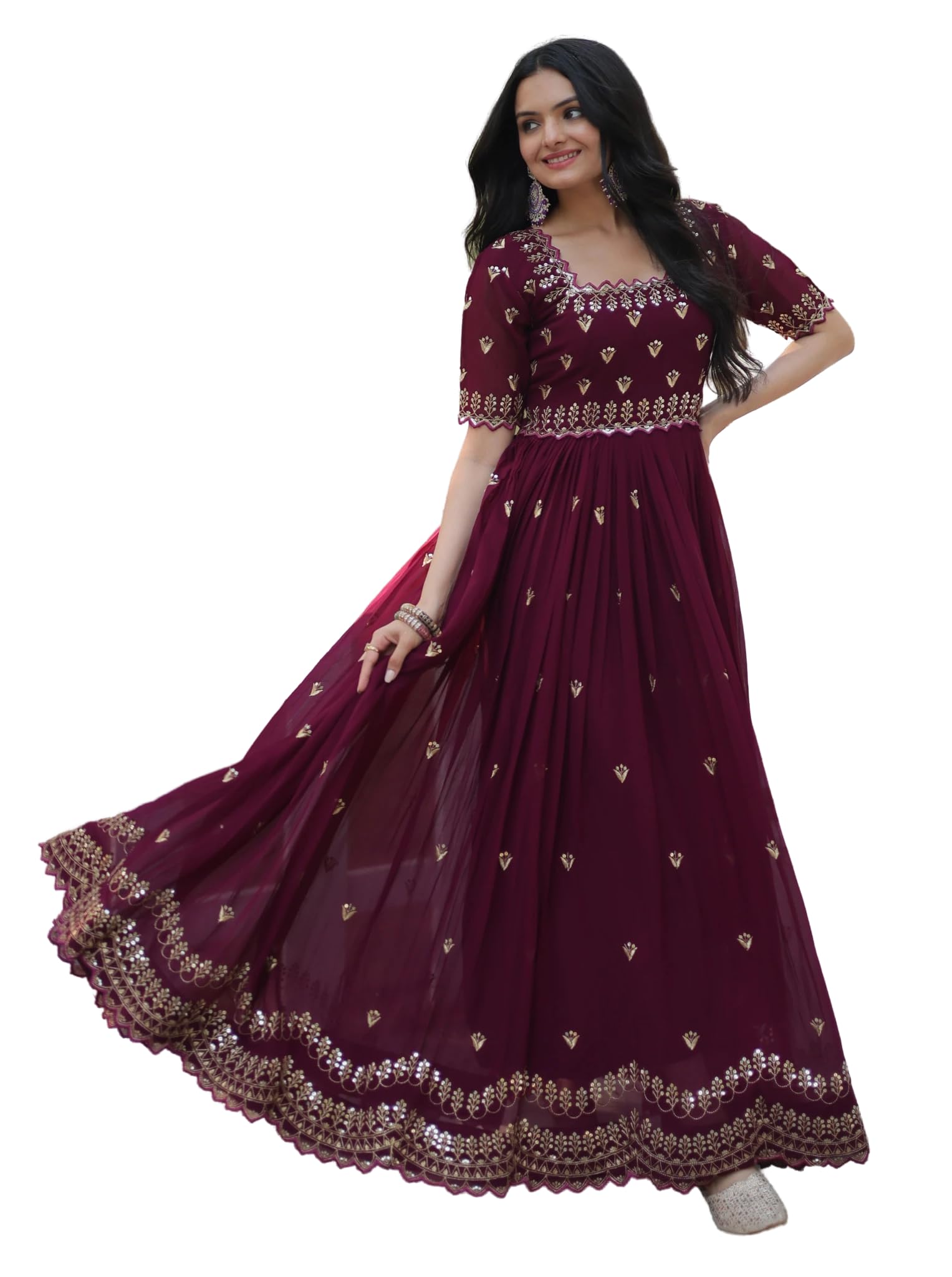 Fashion Basket Georgette Maroon Embroidered Gown for Women