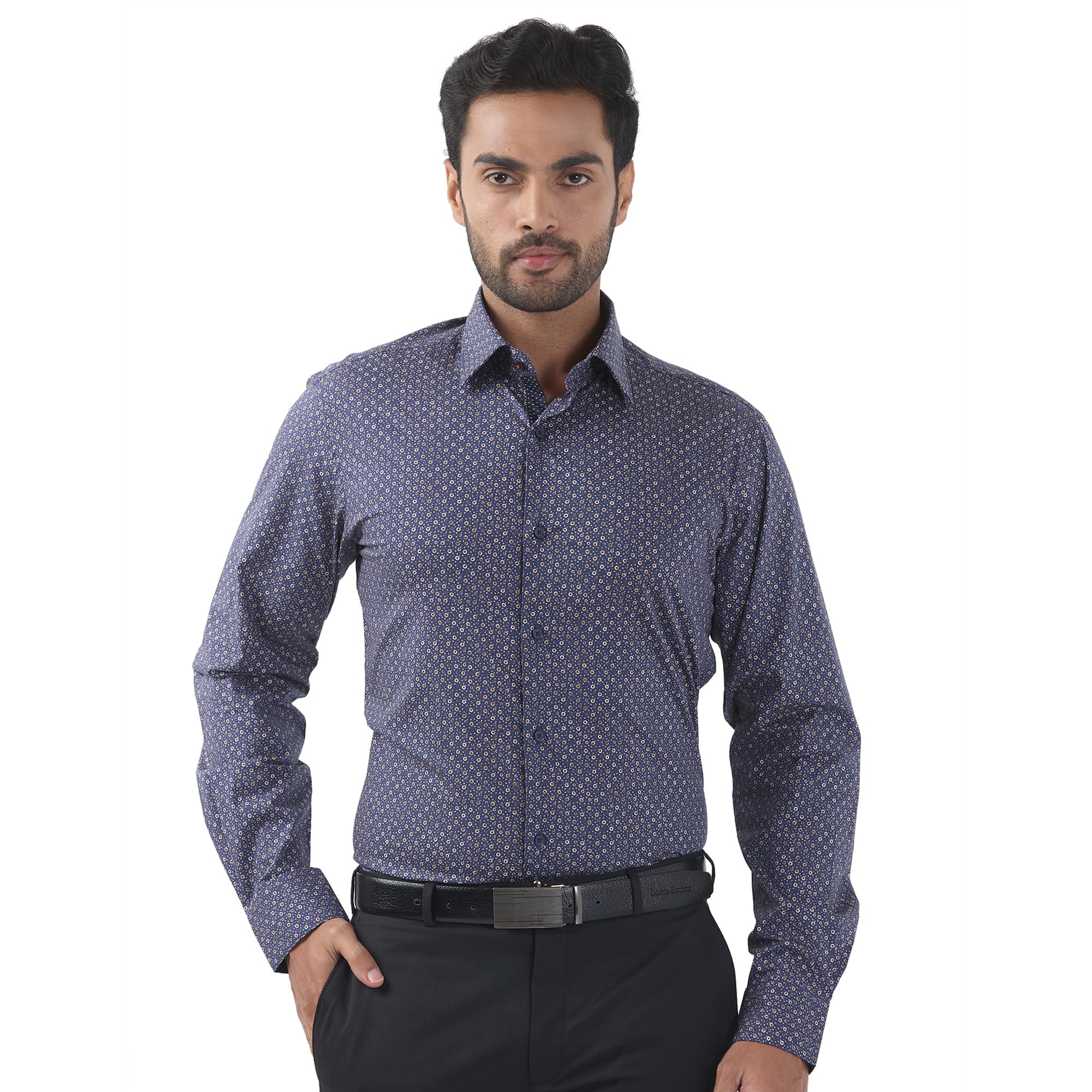 Raymond Men Slim Fit Print Pattern Cotton Blend Semi Cutaway Collar Full Sleeve Formal Shirt (Size: 44) RMSU13081-B6 Dark Blue