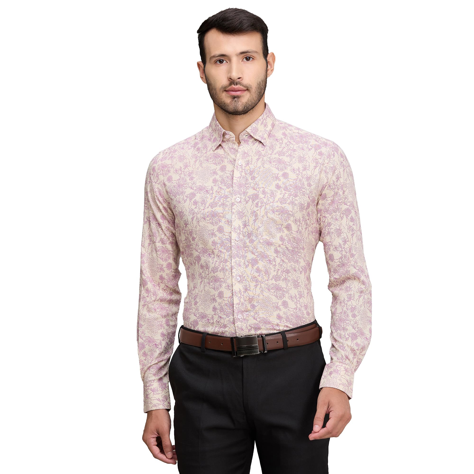 Raymond Men's Contemporary Fit Viscose Linen Blend Print Pattern Hidden Button Down Collar Full Sleeve Formal Shirt (Size: 39)-RMSZ12339-V3 Medium Violet