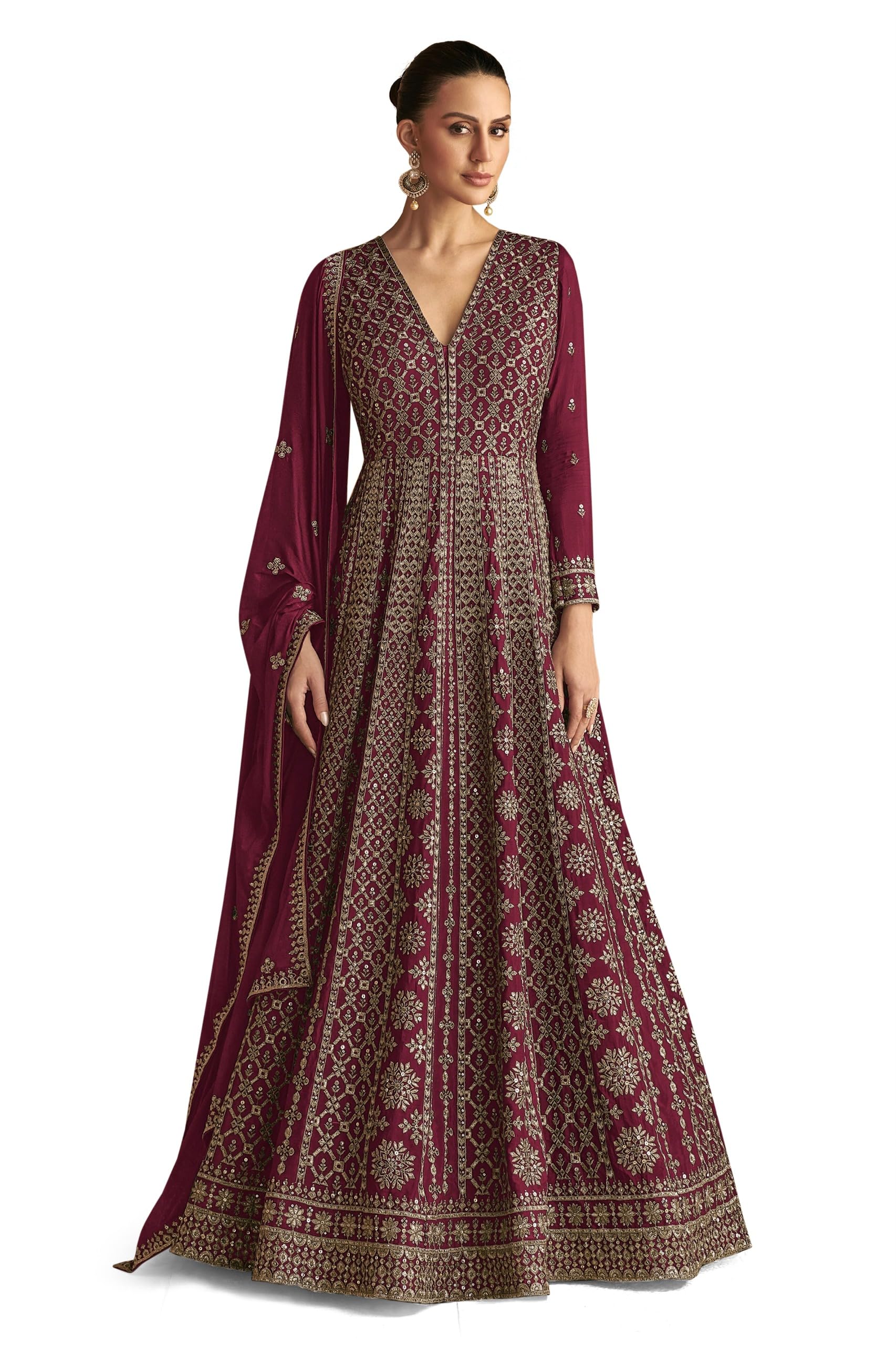 Miss Ethnik Women's Maroon Chinon Stitched Gown with Dupatta Full Sleeve Embroidered A-Line Gown (MER-1236-Maroon-XXL)
