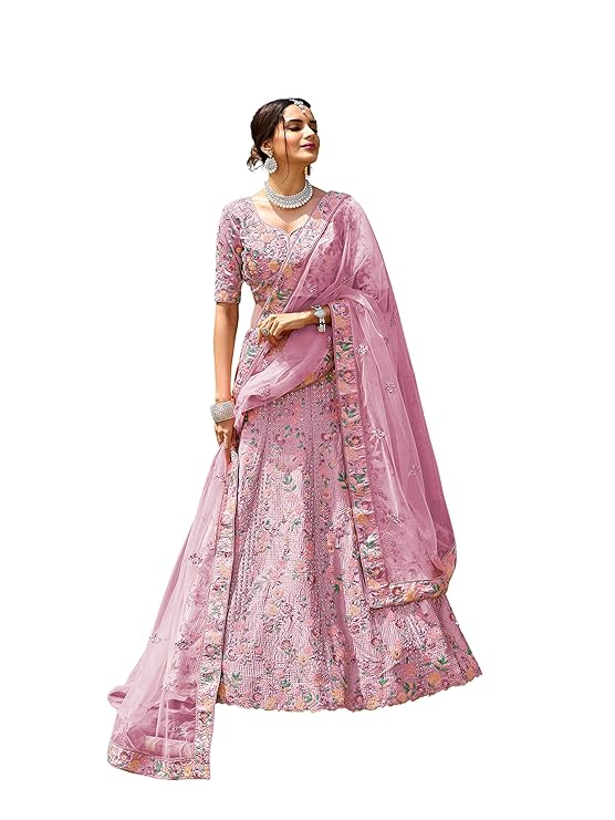 FUSIONIC Womens Satin Lehenga Choli Semi-Stitched Pink Free Size