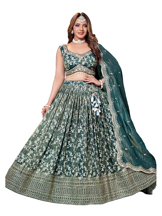 ADHIA Women's Embroidered Lehenga Choli with Dupatta | Silk Blend Wedding Lehenga Set | Traditional Indian Dress (Lehenga, Dupatta, Blouse, Teal Blue, Size - L)